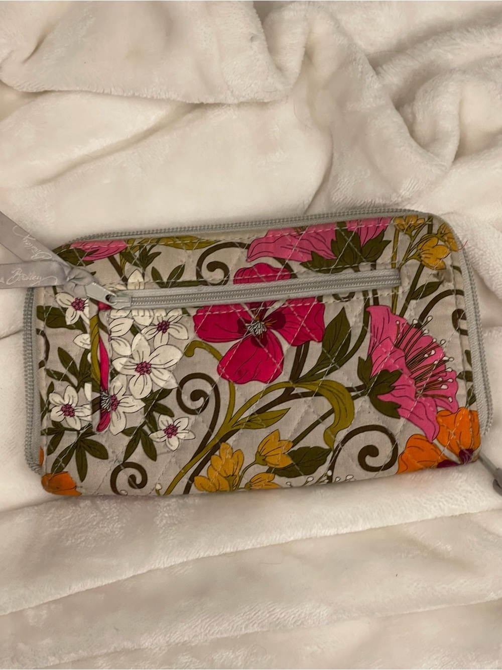 Vera Bradley Gray Floral Zip Wallet with Pink & Orange Blooms